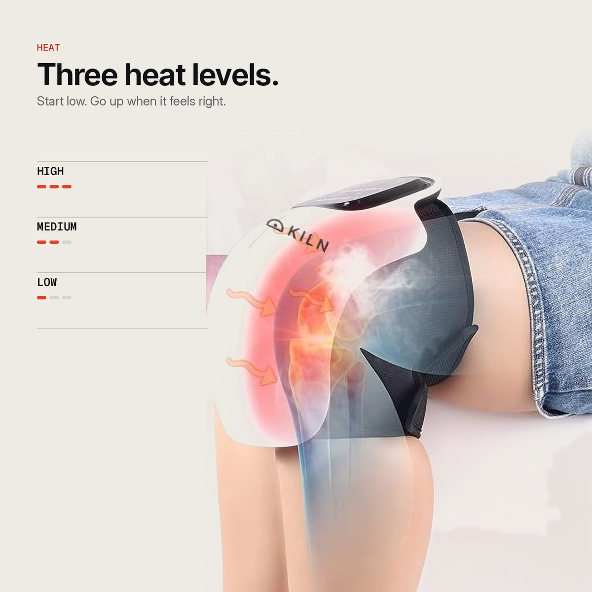KILN Knee three heat levels: low, medium, high